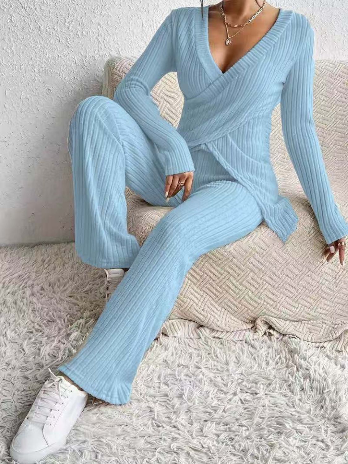 Surplice Long Sleeve Top and Pants Set - ViarousViarousViarous