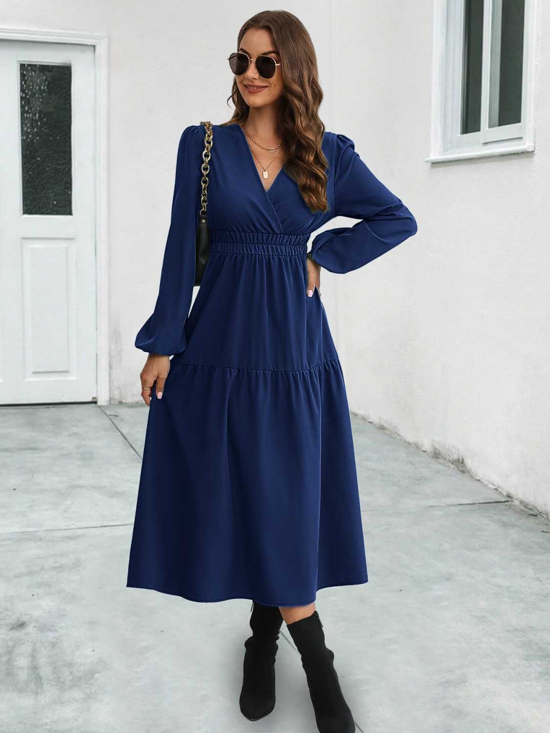Surplice Neck Long Sleeve Midi Dress - ViarousViarousViarous