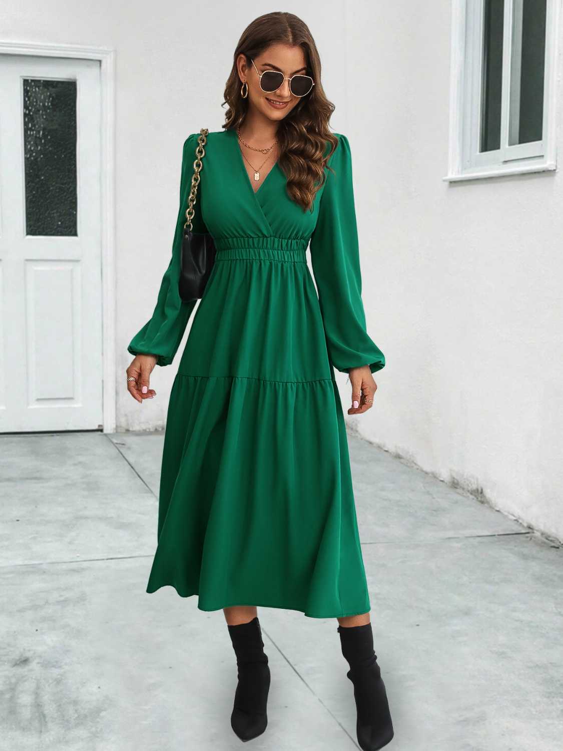 Surplice Neck Long Sleeve Midi Dress - ViarousViarousViarous