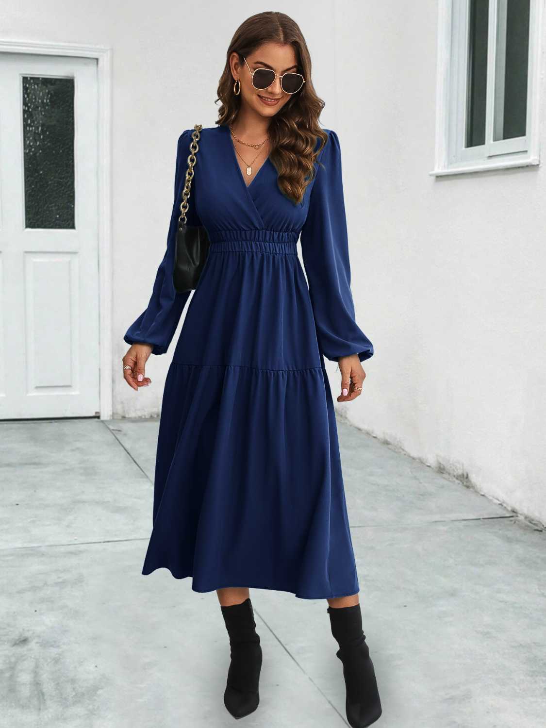 Surplice Neck Long Sleeve Midi Dress - ViarousViarousViarous