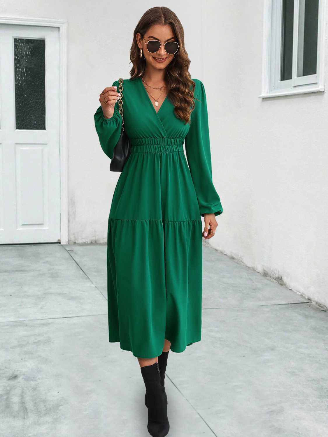 Surplice Neck Long Sleeve Midi Dress - ViarousViarousViarous