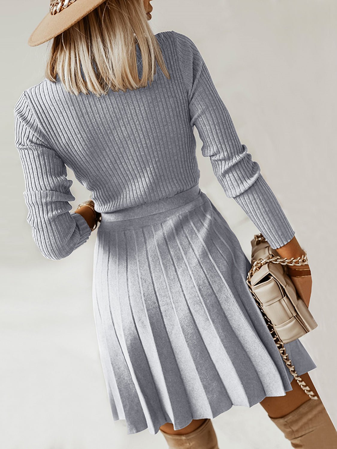 Surplice Neck Tie Front Pleated Sweater Dress - ViarousViarousViarous