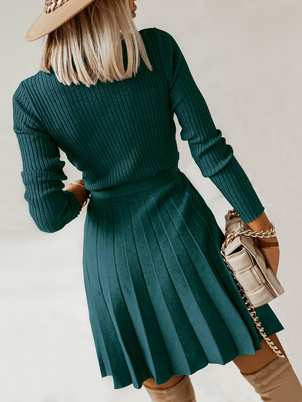 Surplice Neck Tie Front Pleated Sweater Dress - ViarousViarousViarous