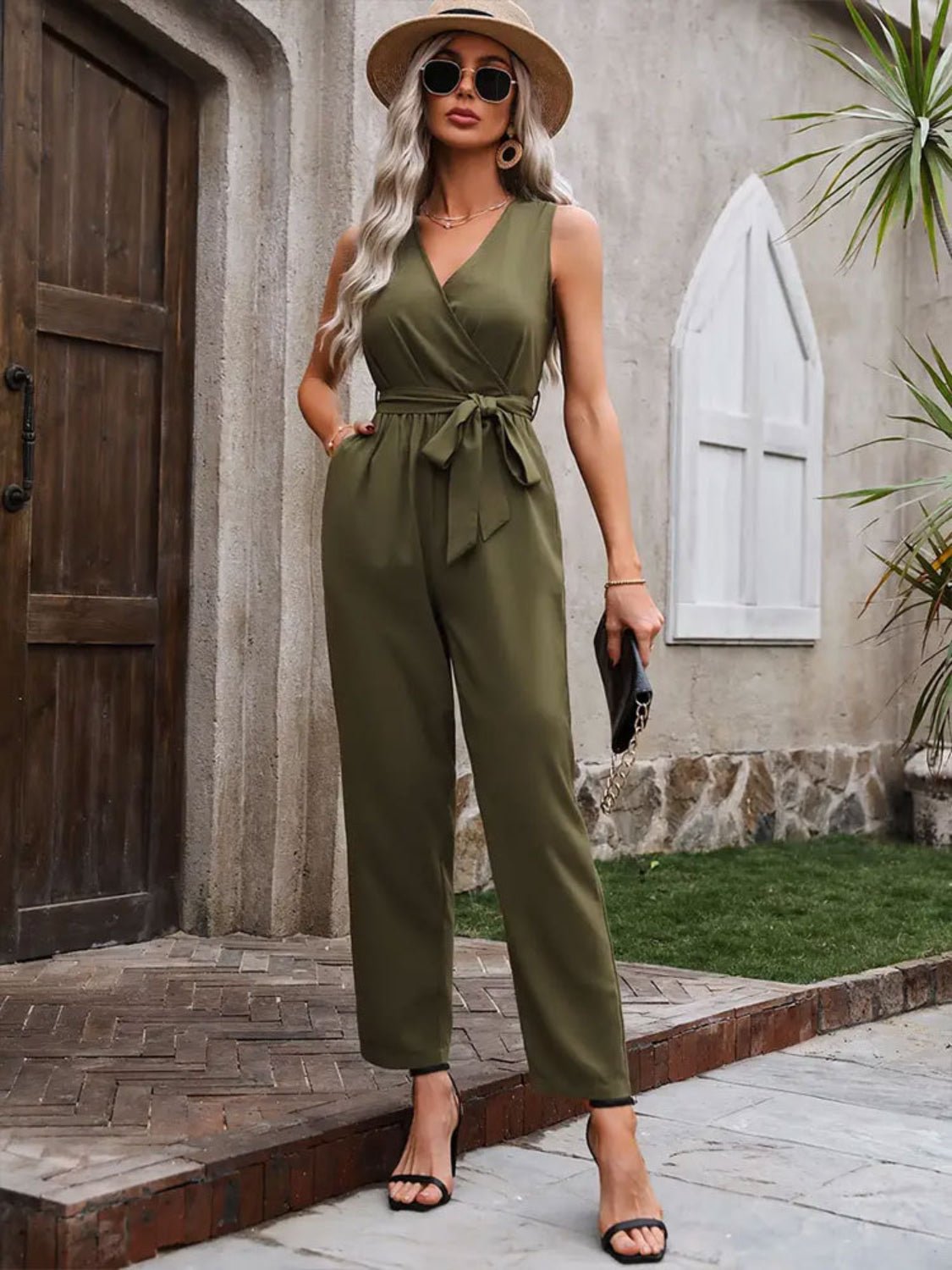 Surplice Tie Waist Sleeveless Jumpsuit - ViarousViarousViarous