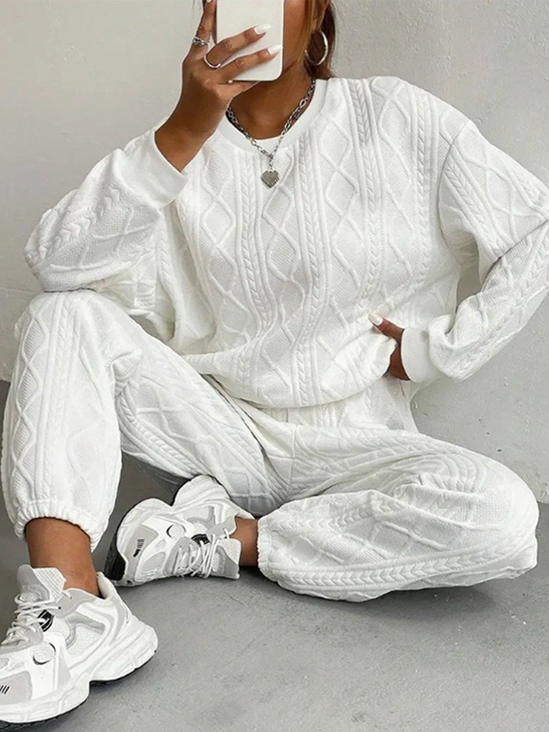 Texture Round Neck Top and Pants Set - ViarousViarousViarous