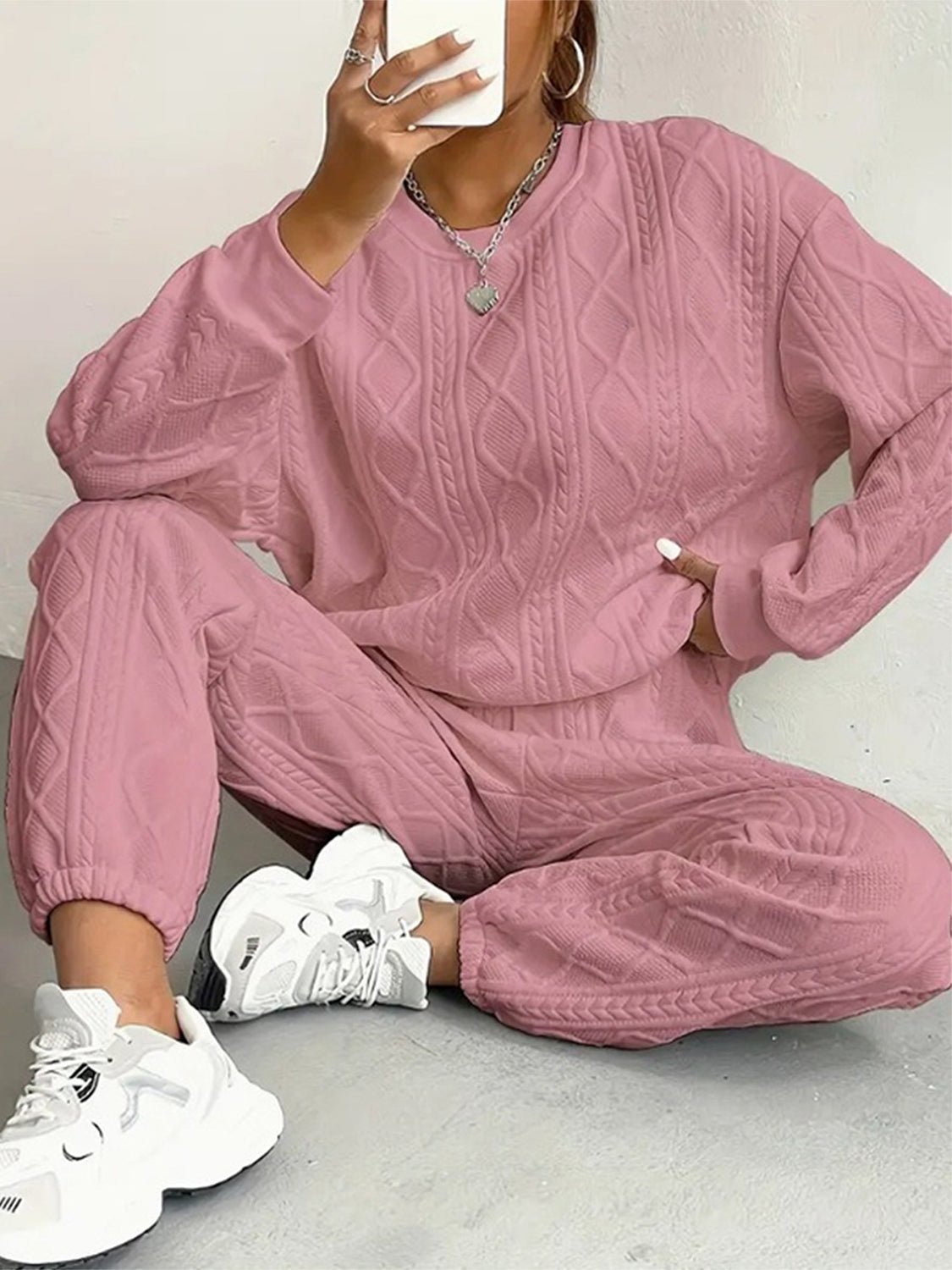 Texture Round Neck Top and Pants Set - ViarousViarousViarous