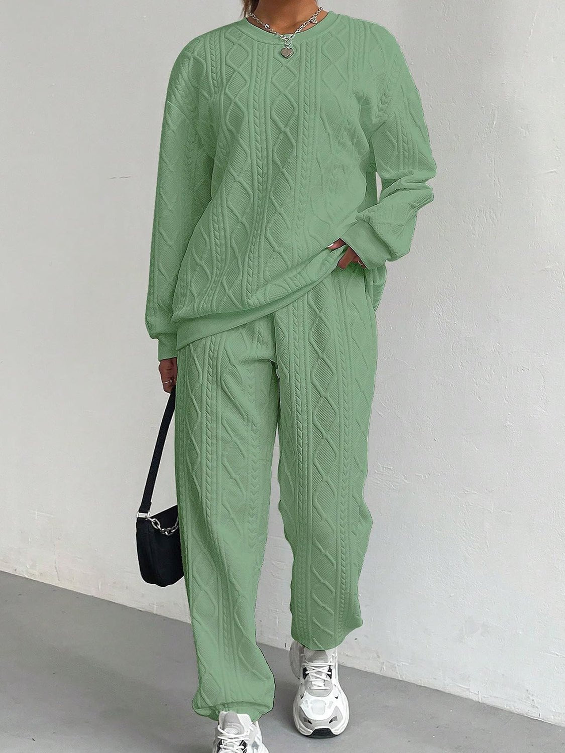 Texture Round Neck Top and Pants Set - ViarousViarousViarous
