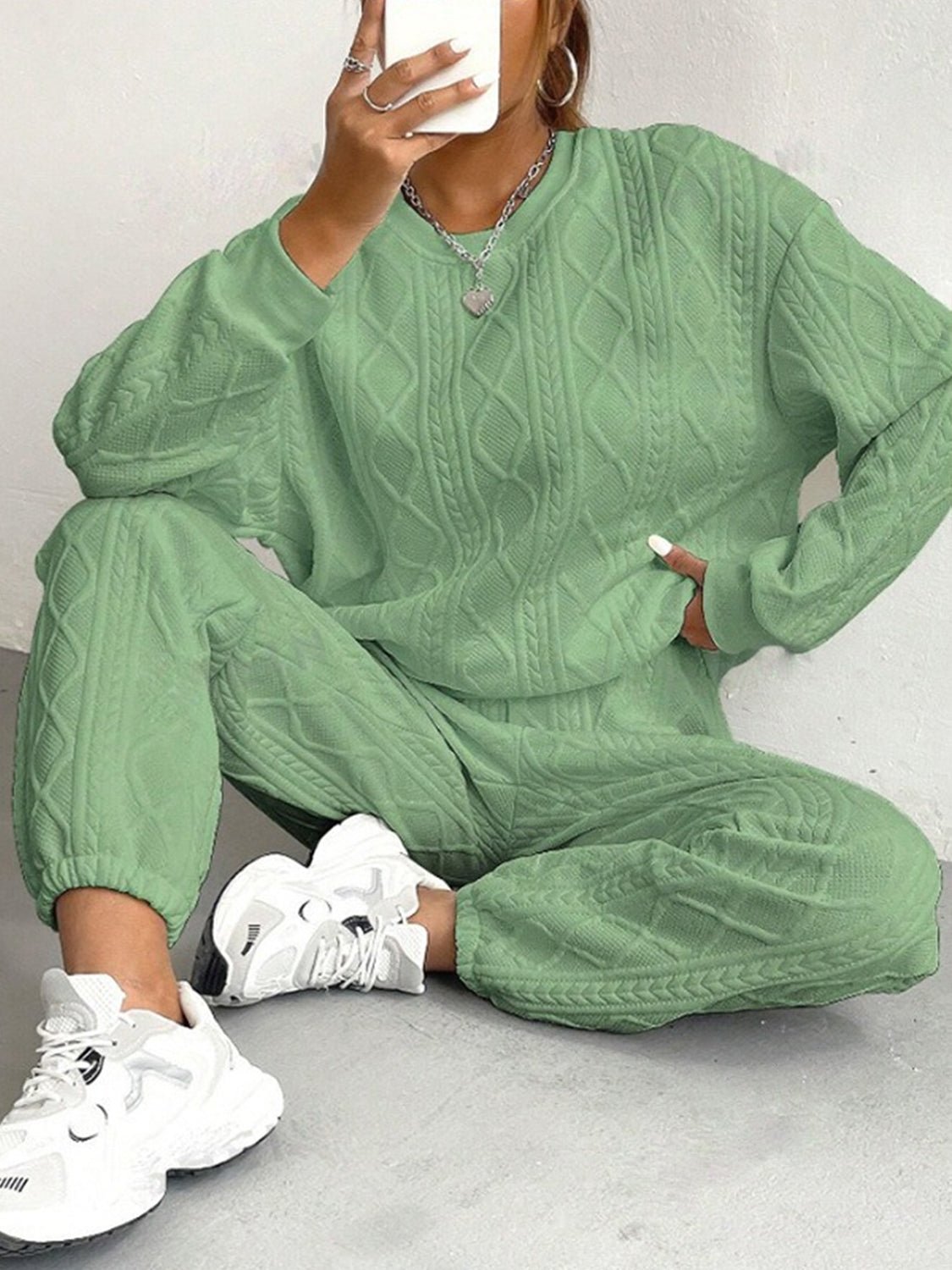 Texture Round Neck Top and Pants Set - ViarousViarousViarous