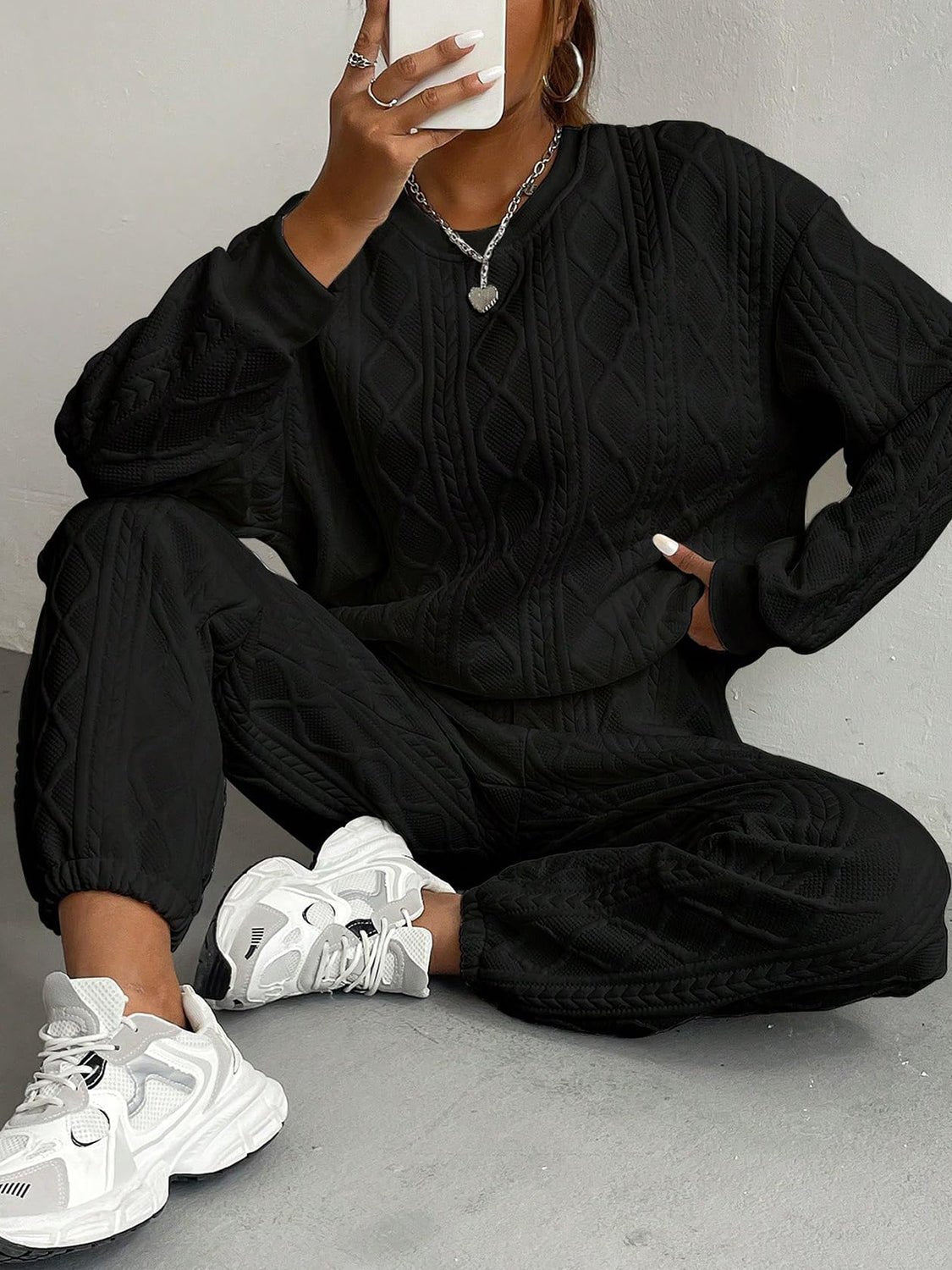 Texture Round Neck Top and Pants Set - ViarousViarousViarous