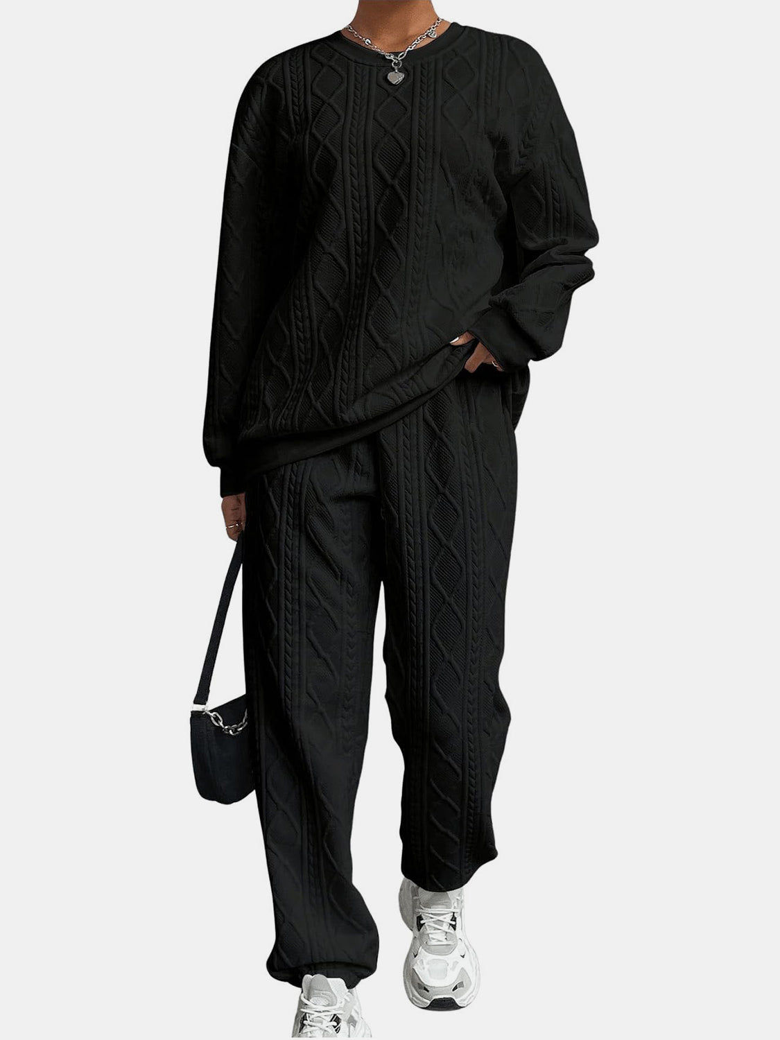 Texture Round Neck Top and Pants Set - ViarousViarousViarous