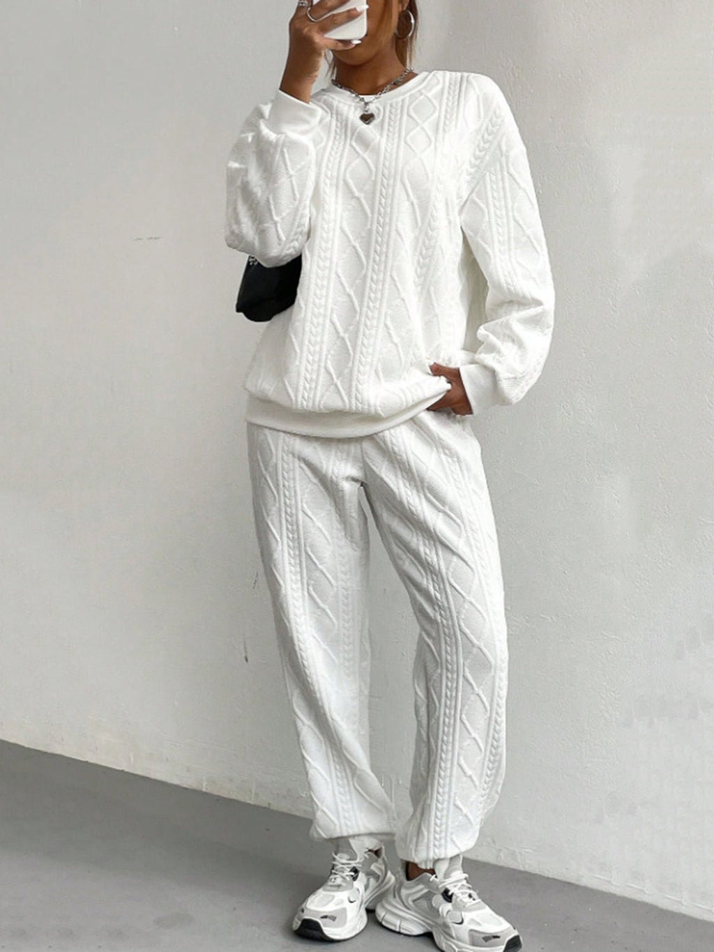 Texture Round Neck Top and Pants Set - ViarousViarousViarous