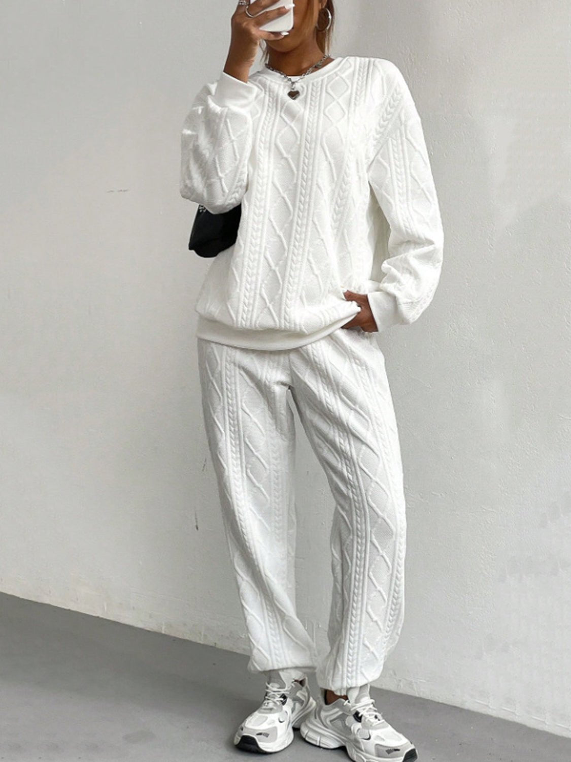 Texture Round Neck Top and Pants Set - ViarousViarousViarous