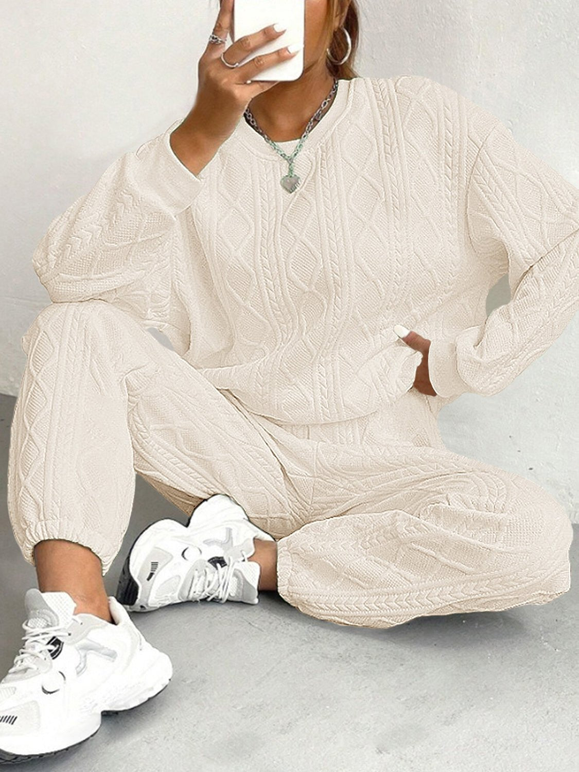 Texture Round Neck Top and Pants Set - ViarousViarousViarous