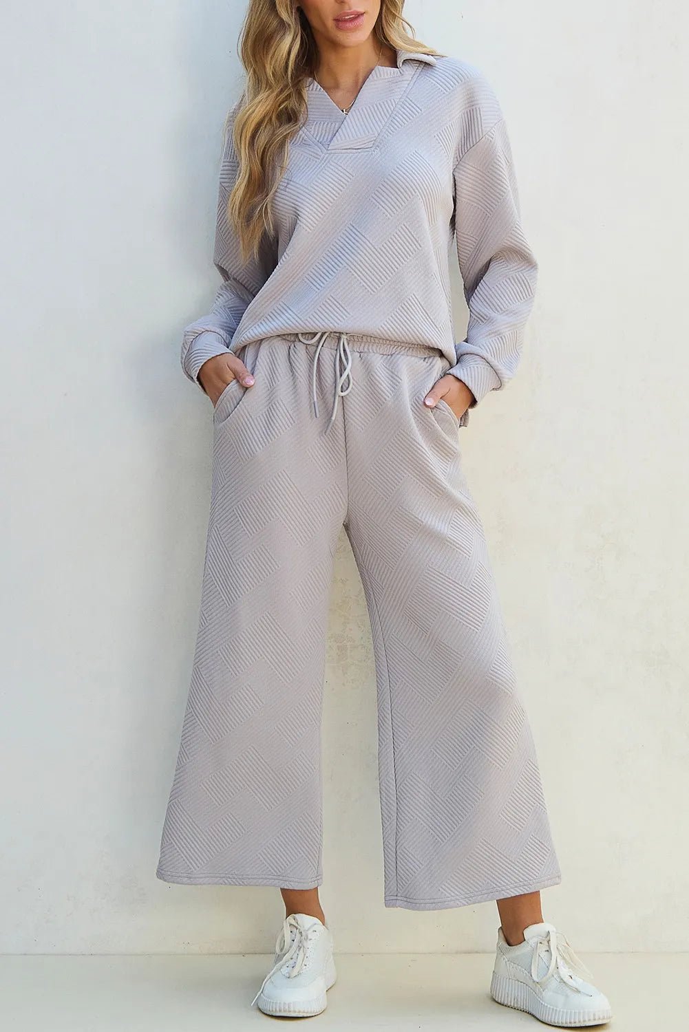Textured Long Sleeve Top and Drawstring Pants Set - ViarousViarousViarous