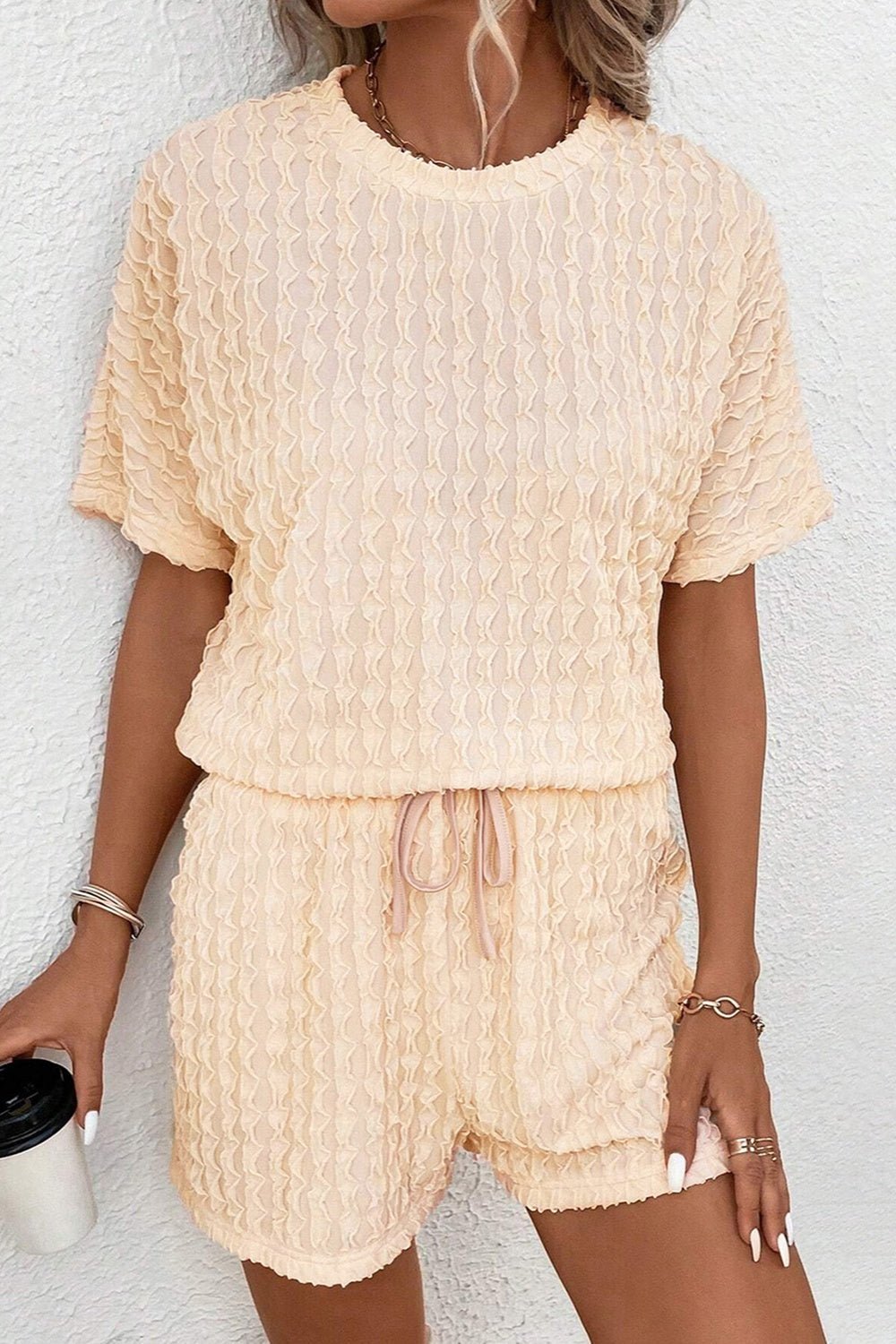 Textured Round Neck Top and Shorts Set - ViarousViarousViarous