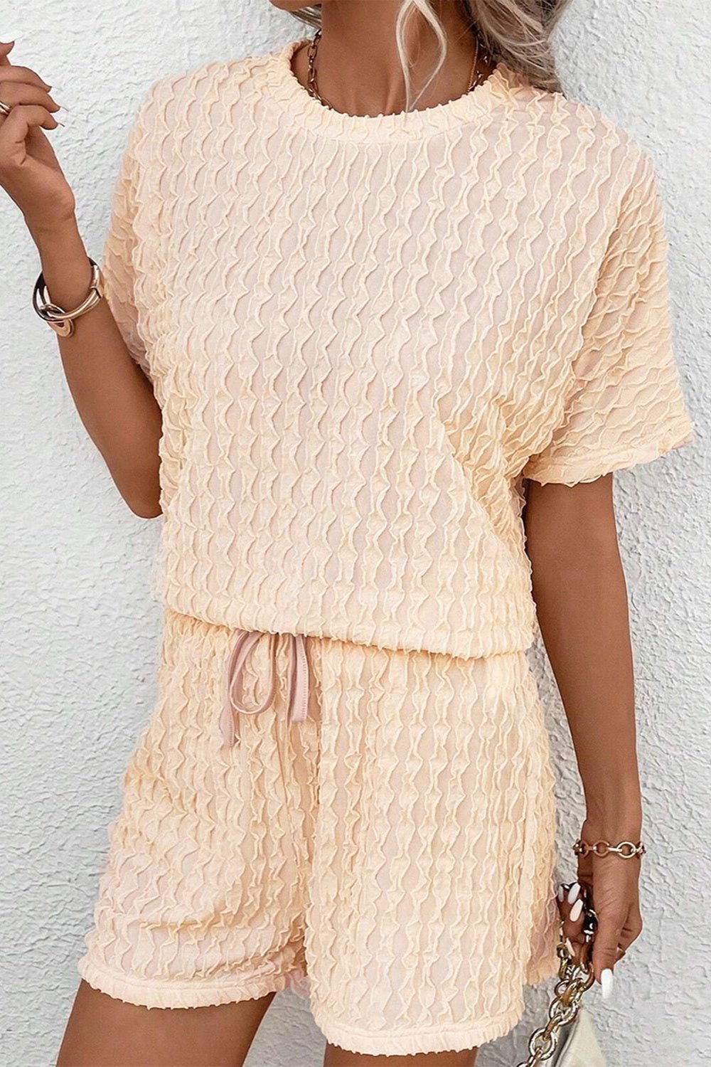 Textured Round Neck Top and Shorts Set - ViarousViarousViarous