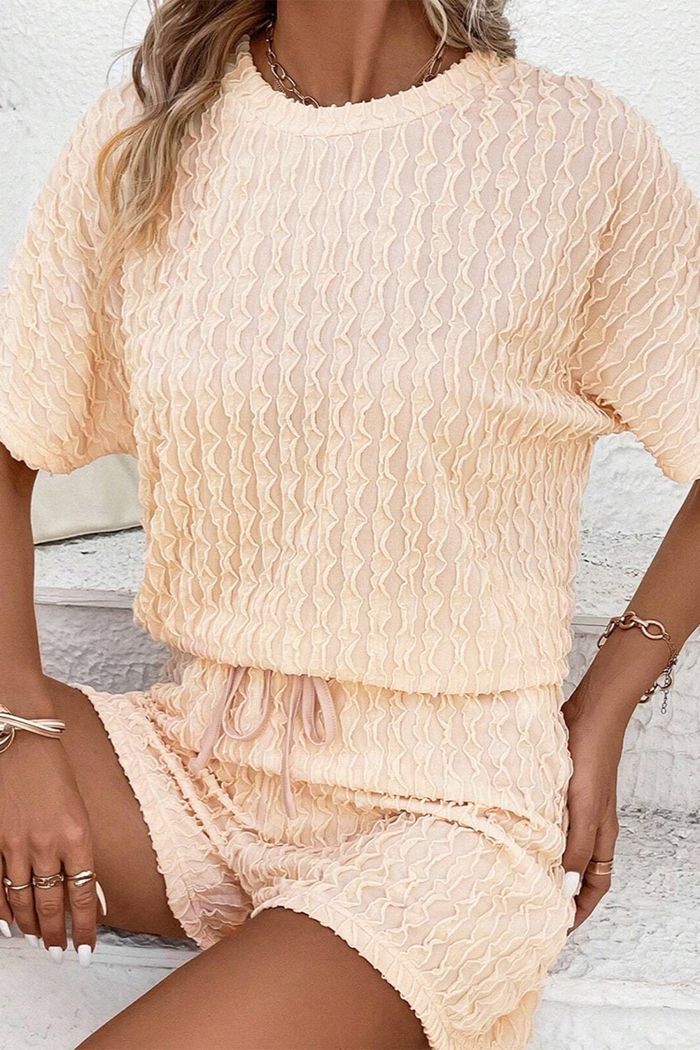 Textured Round Neck Top and Shorts Set - ViarousViarousViarous