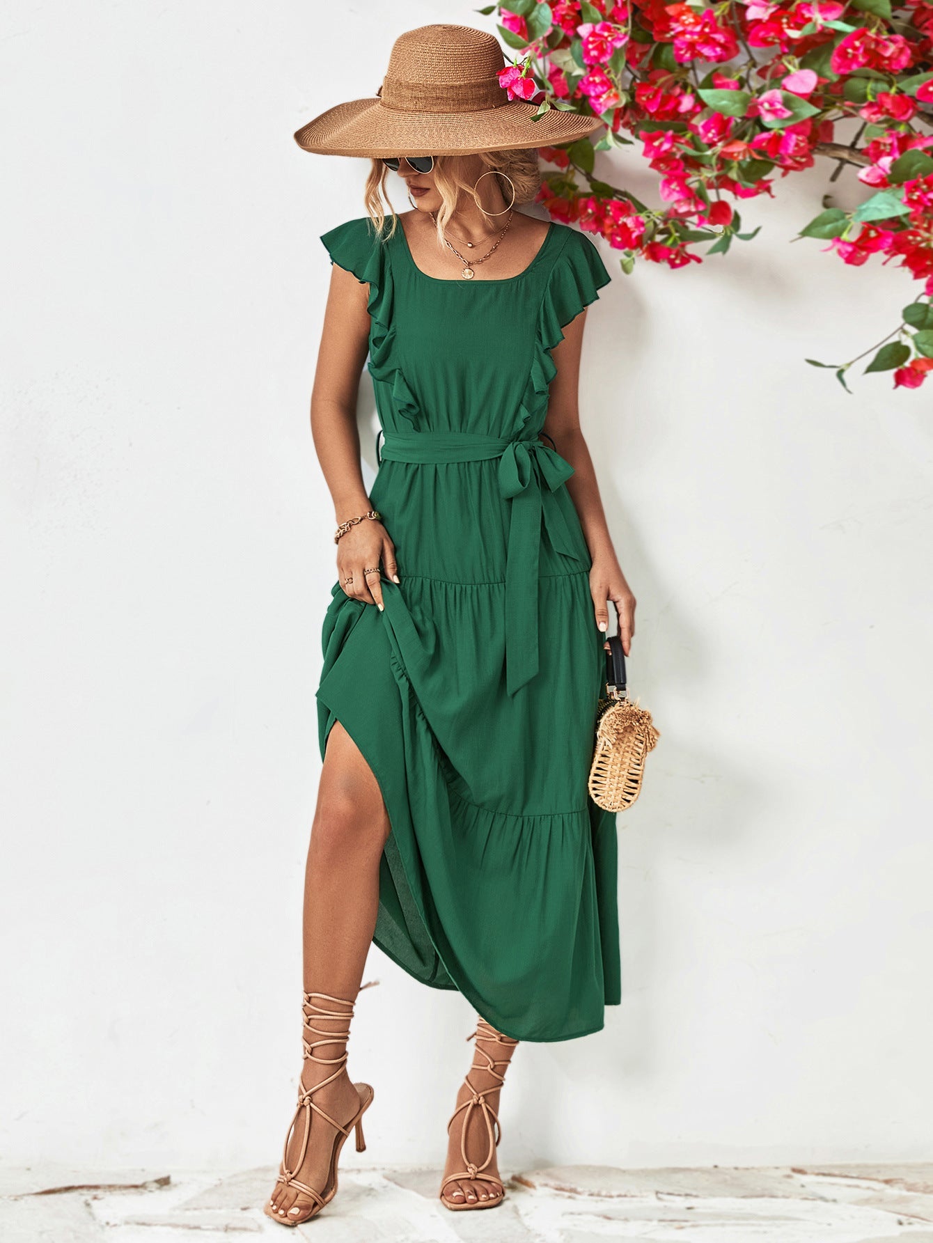 Tie Belt Ruffled Tiered Dress - ViarousViarousViarous