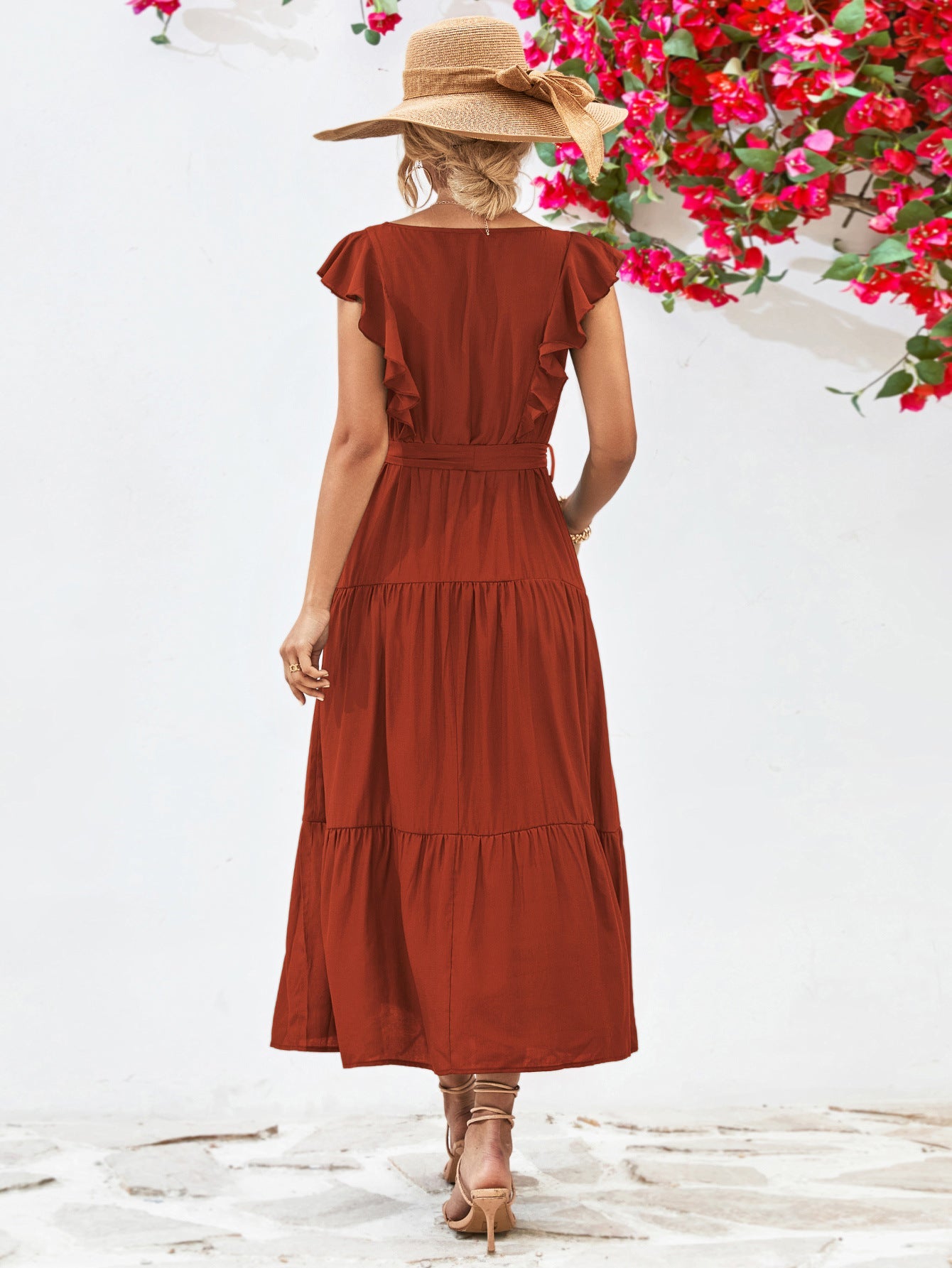 Tie Belt Ruffled Tiered Dress - ViarousViarousViarous