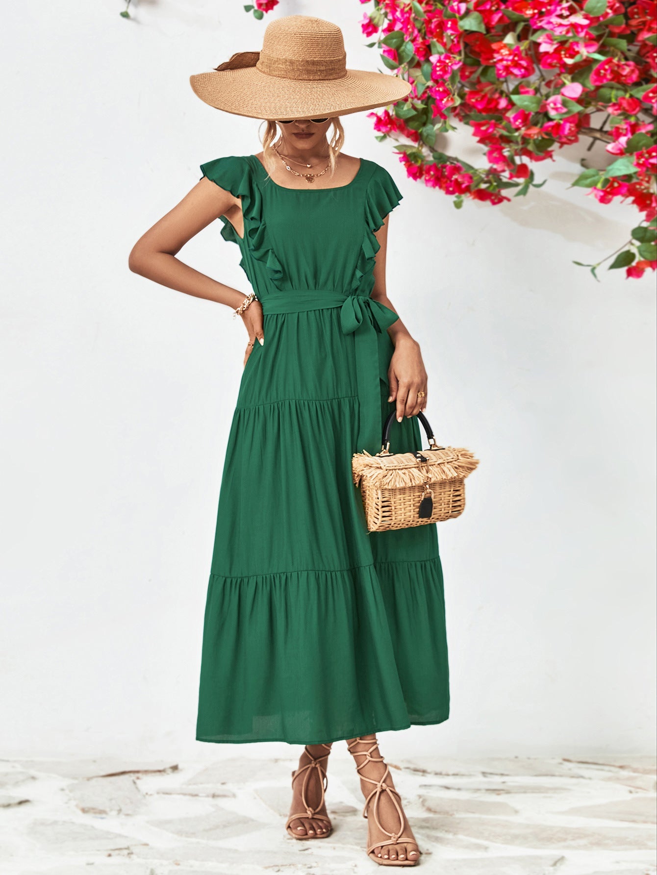Tie Belt Ruffled Tiered Dress - ViarousViarousViarous