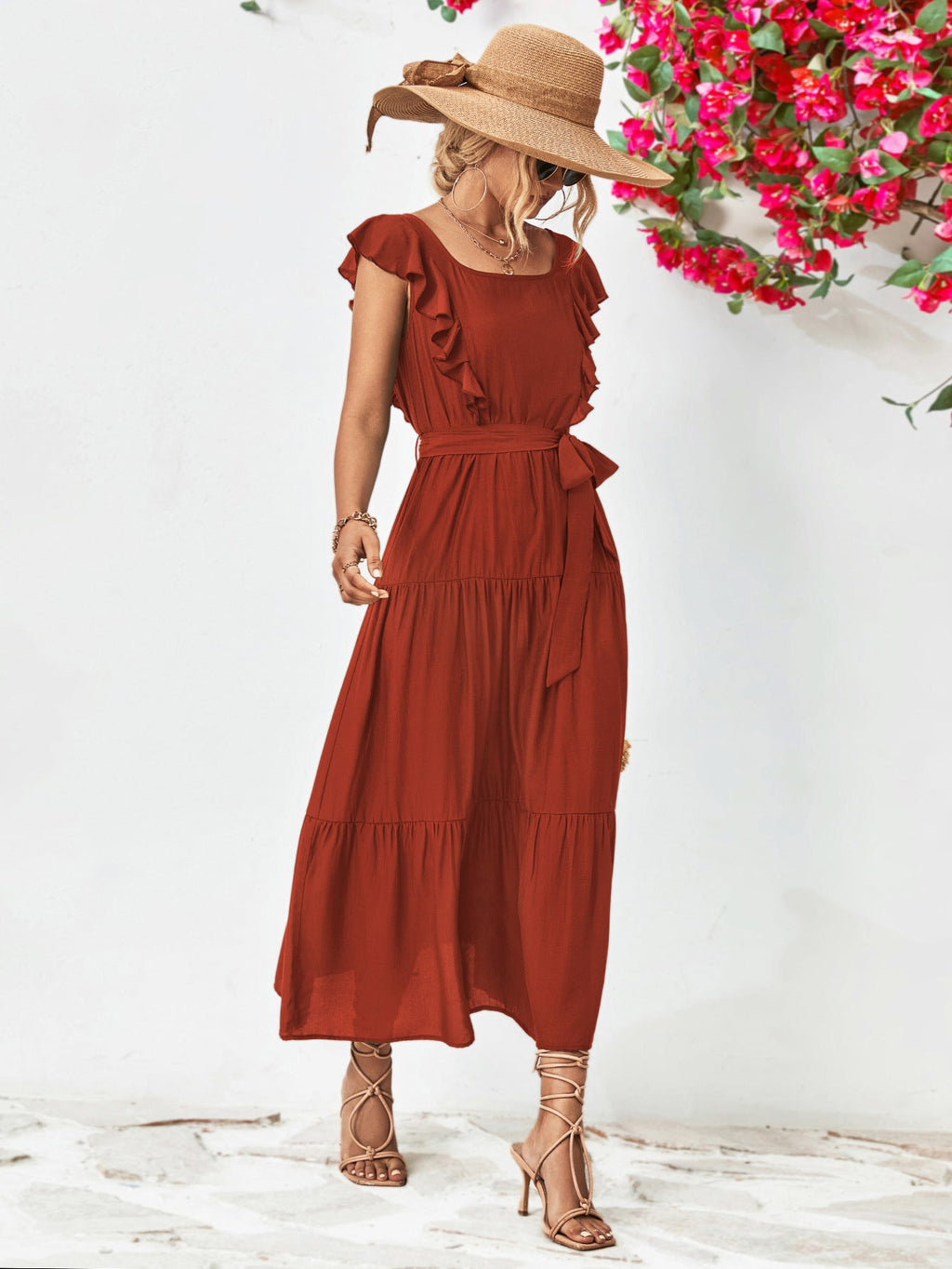 Tie Belt Ruffled Tiered Dress - ViarousViarousViarous
