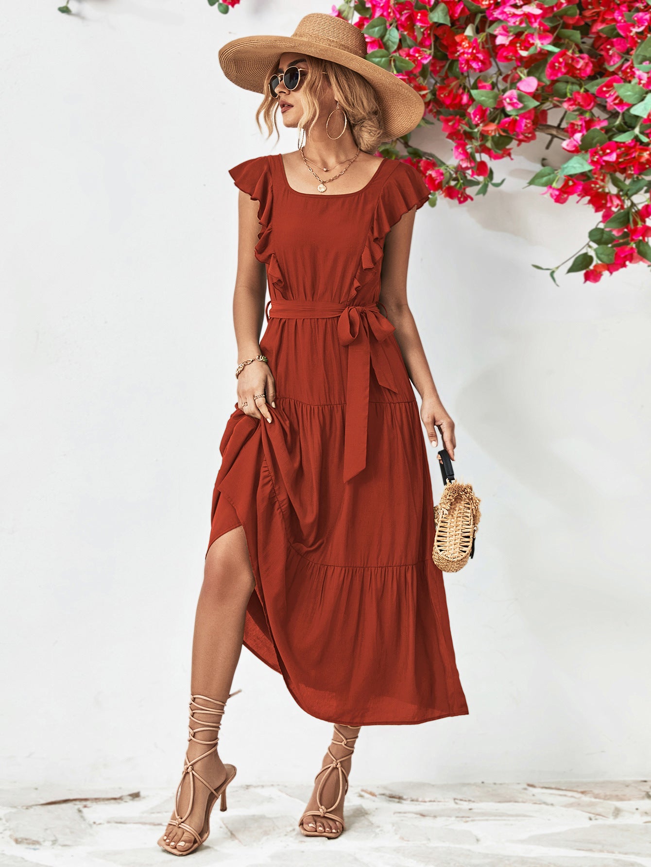 Tie Belt Ruffled Tiered Dress - ViarousViarousViarous