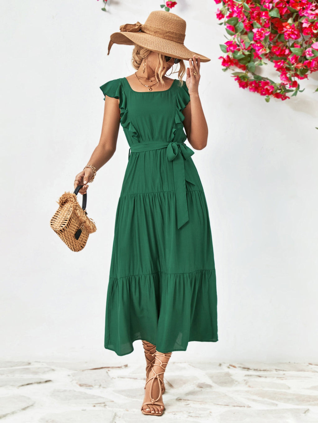 Tie Belt Ruffled Tiered Dress - ViarousViarousViarous
