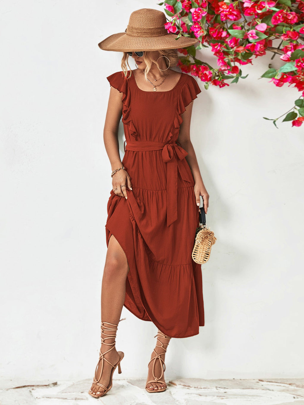 Tie Belt Ruffled Tiered Dress - ViarousViarousViarous