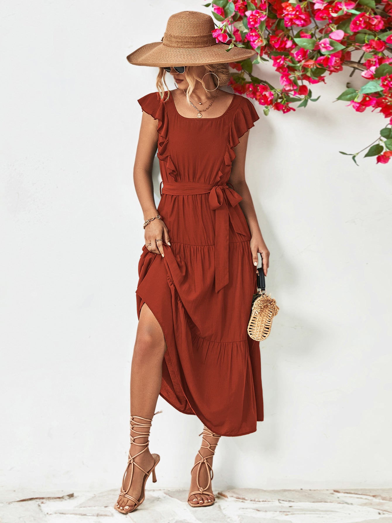 Tie Belt Ruffled Tiered Dress - ViarousViarousViarous