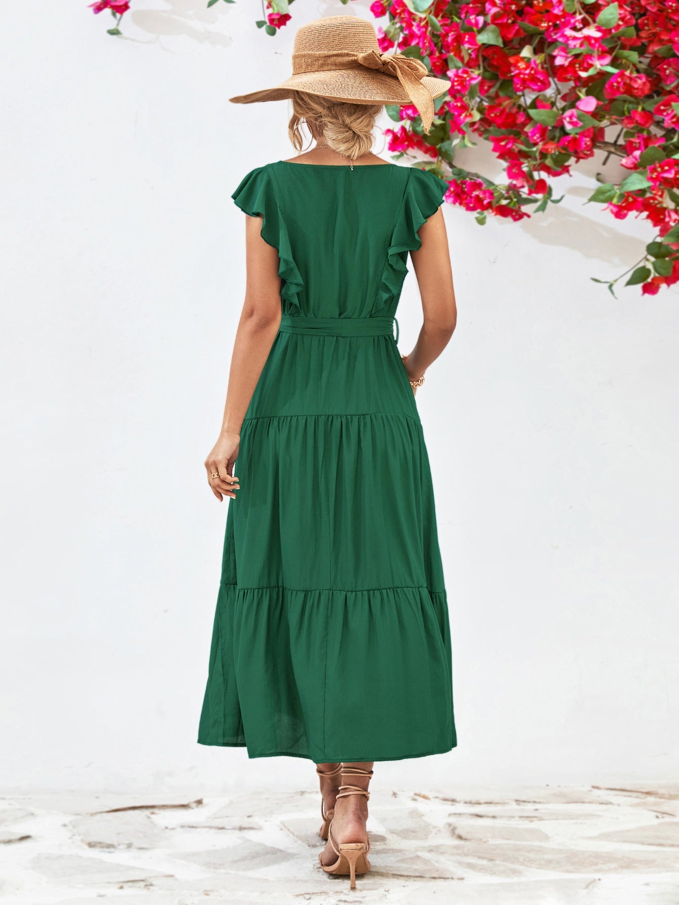 Tie Belt Ruffled Tiered Dress - ViarousViarousViarous