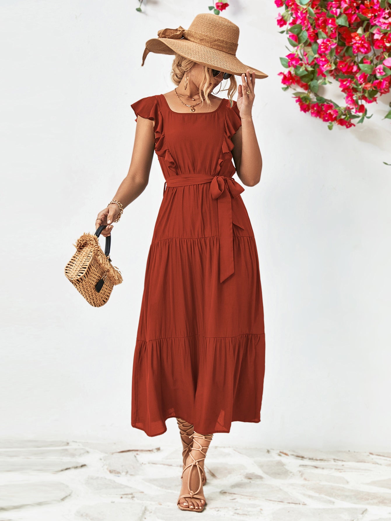 Tie Belt Ruffled Tiered Dress - ViarousViarousViarous