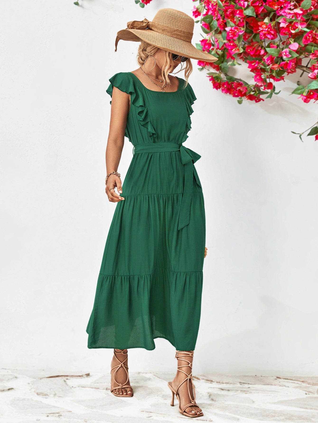 Tie Belt Ruffled Tiered Dress - ViarousViarousViarous