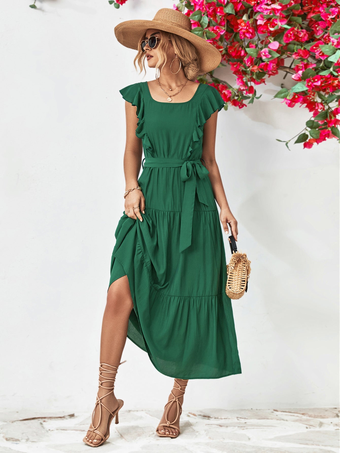 Tie Belt Ruffled Tiered Dress - ViarousViarousViarous