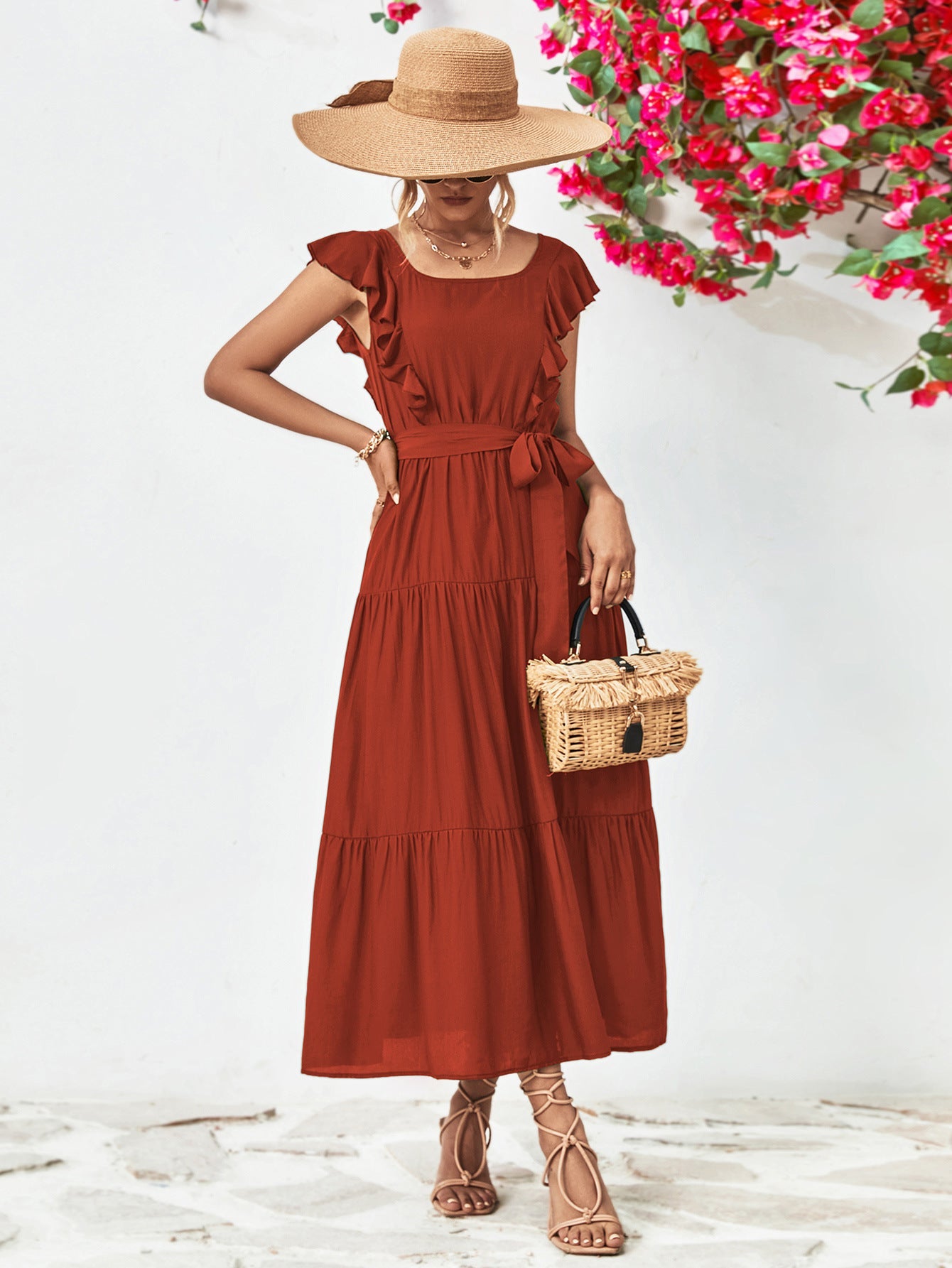 Tie Belt Ruffled Tiered Dress - ViarousViarousViarous