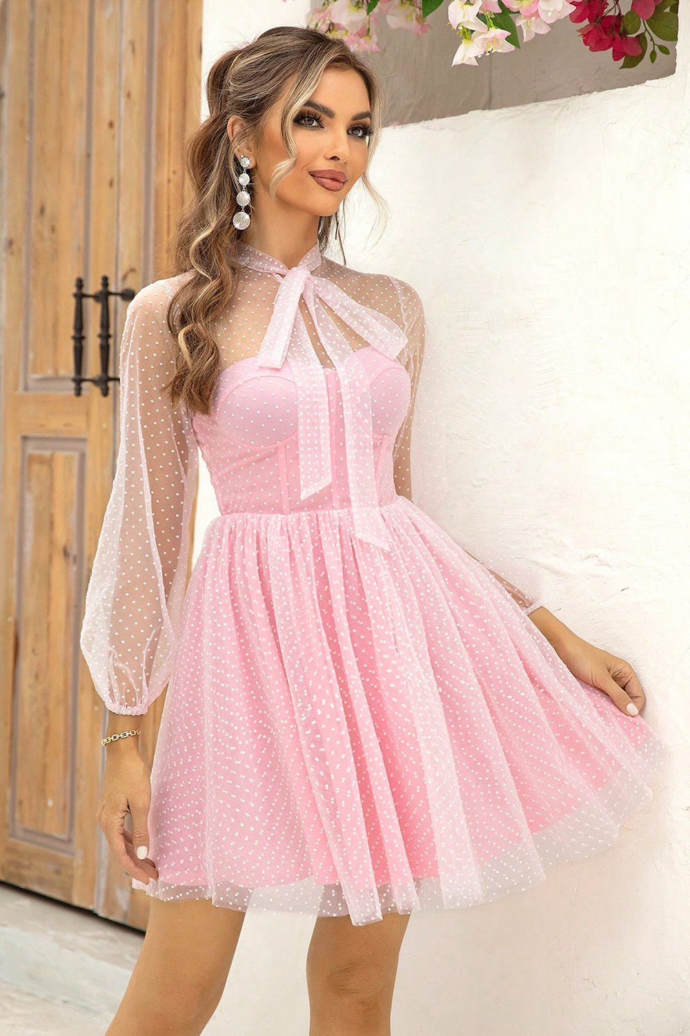 Tie Neck Open Back Mesh Dress - ViarousViarousViarous