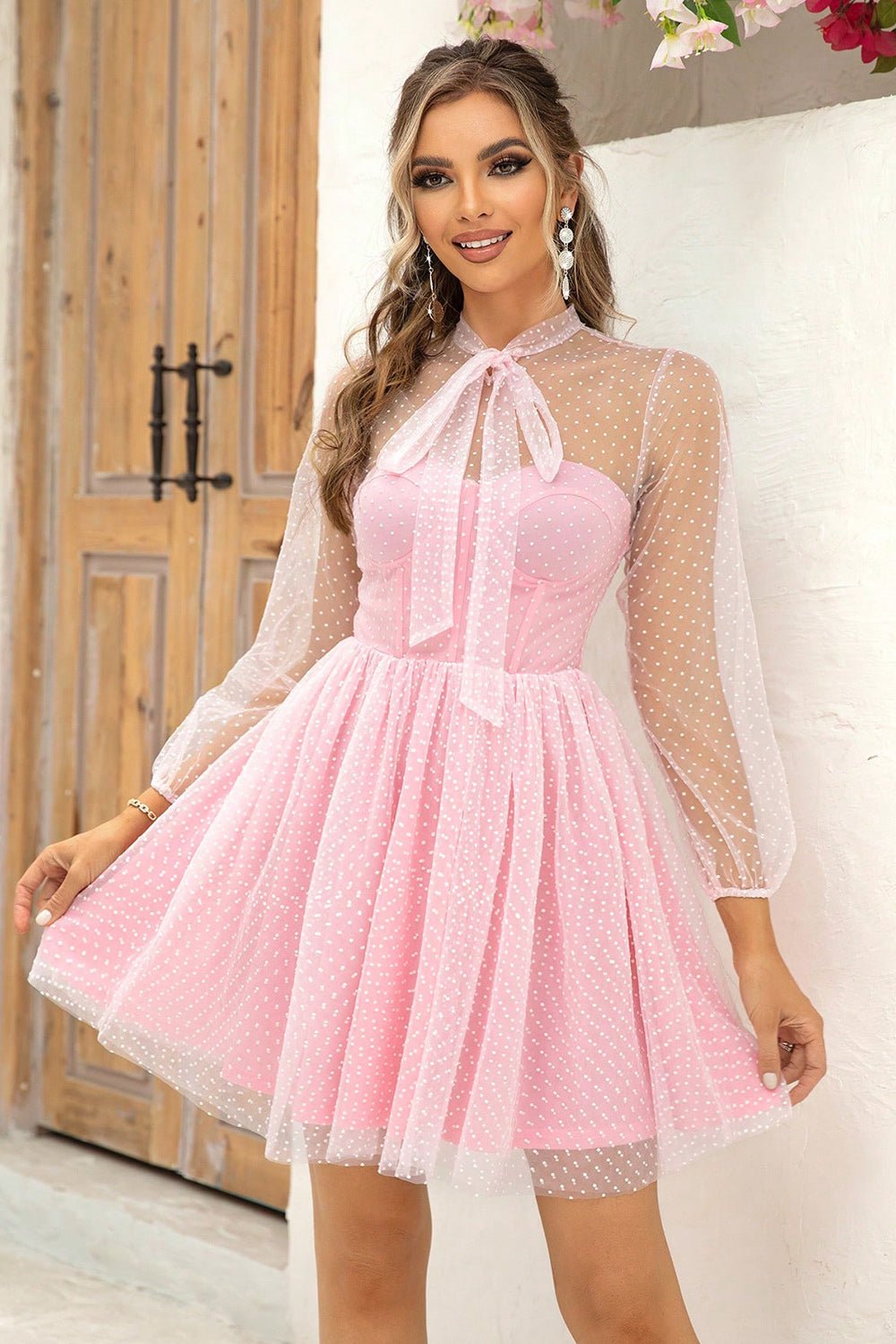 Tie Neck Open Back Mesh Dress - ViarousViarousViarous