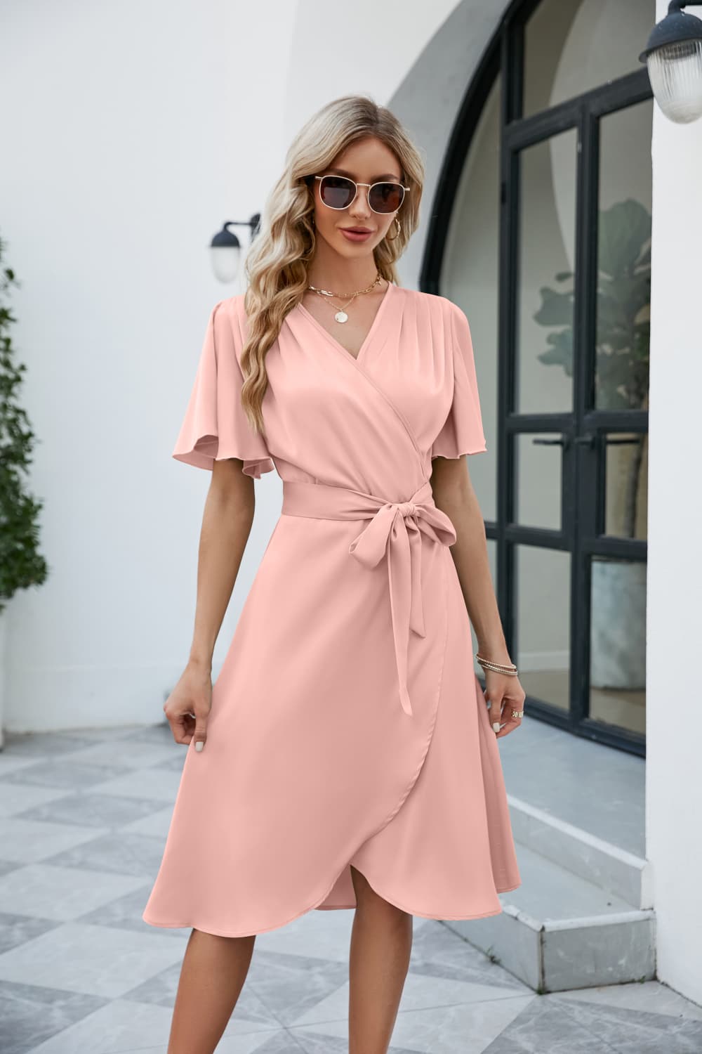 Tie Waist Flutter Sleeve Surplice Dress - ViarousViarousViarous