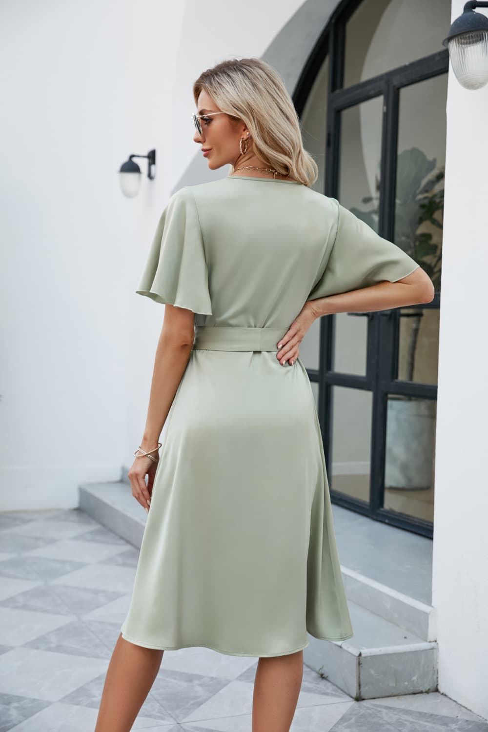 Tie Waist Flutter Sleeve Surplice Dress - ViarousViarousViarous