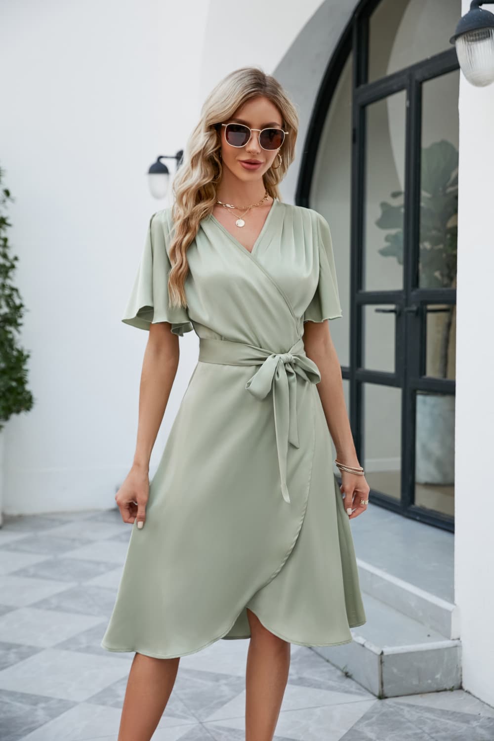 Tie Waist Flutter Sleeve Surplice Dress - ViarousViarousViarous