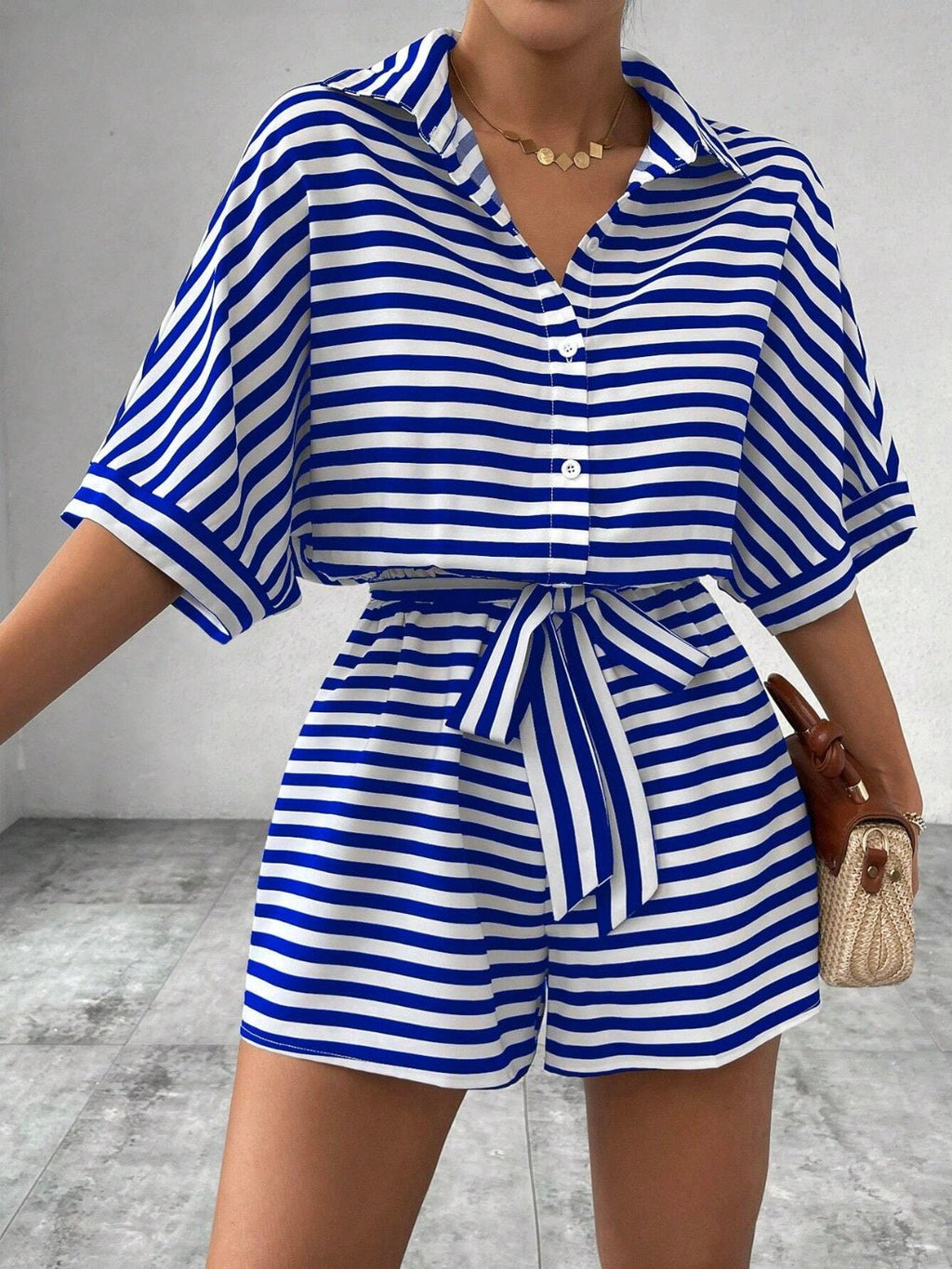 Tie Waist Half Button Striped Romper - ViarousViarousViarous