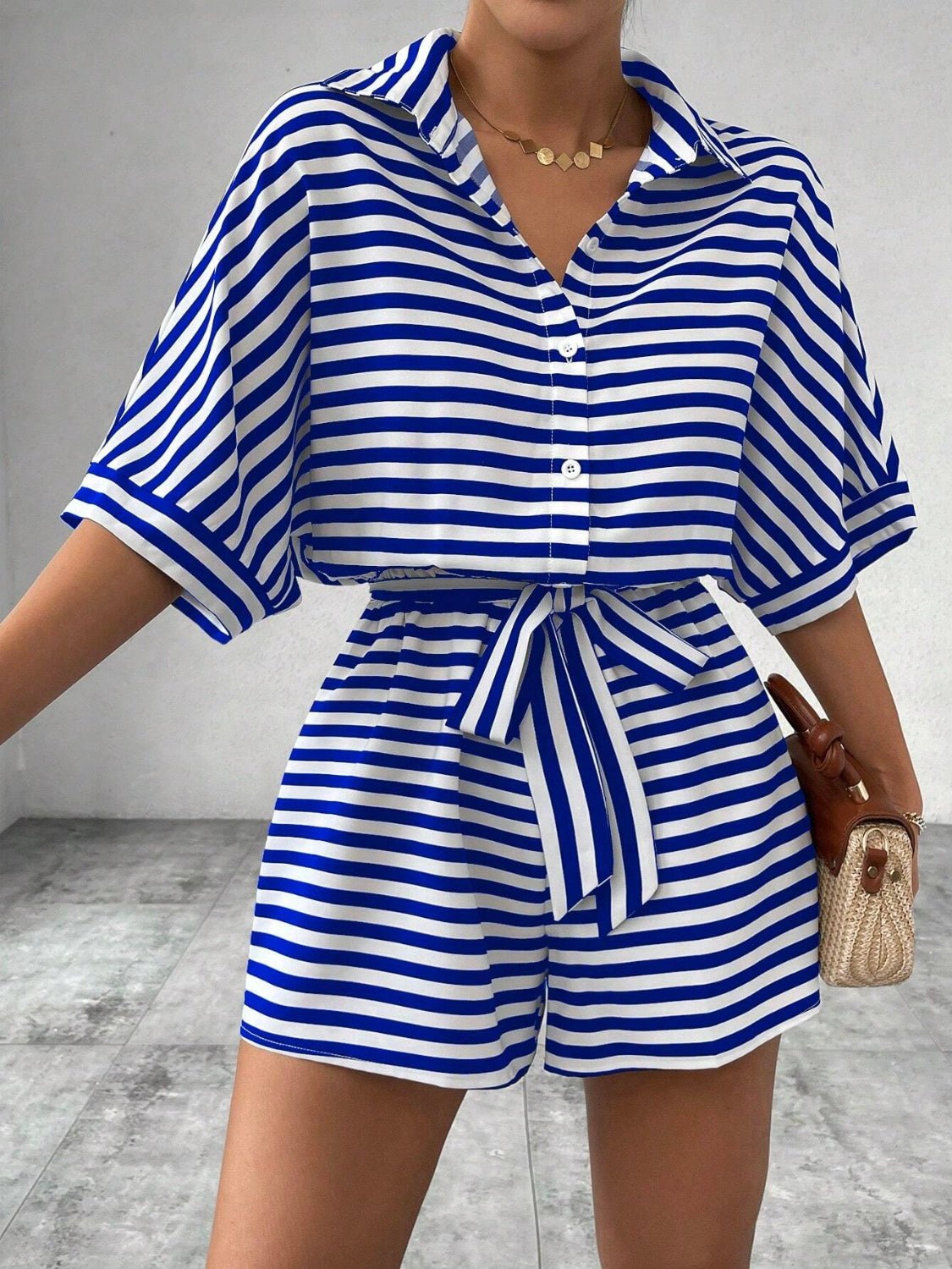 Tie Waist Half Button Striped Romper - ViarousViarousViarous