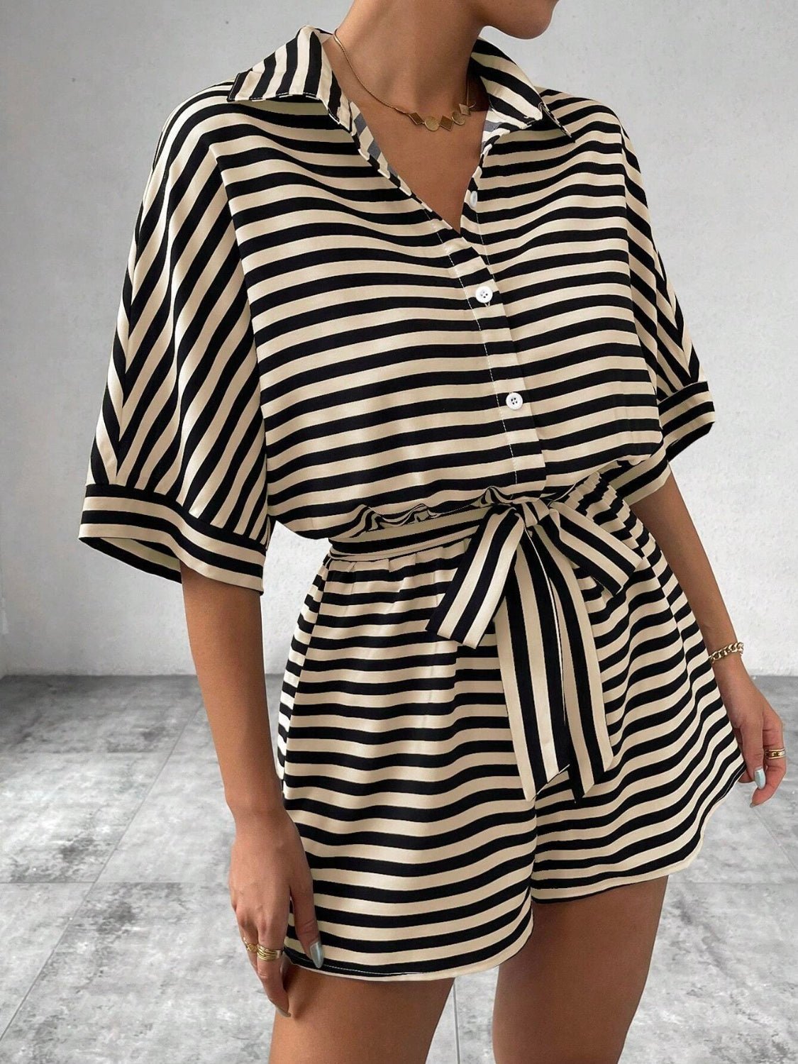 Tie Waist Half Button Striped Romper - ViarousViarousViarous