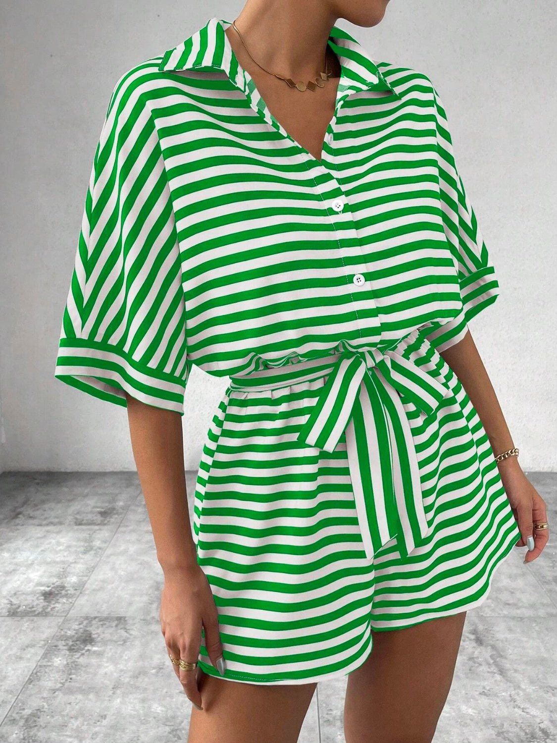 Tie Waist Half Button Striped Romper - ViarousViarousViarous