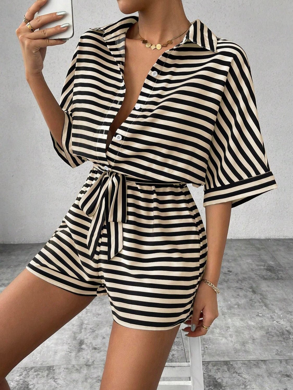 Tie Waist Half Button Striped Romper - ViarousViarousViarous