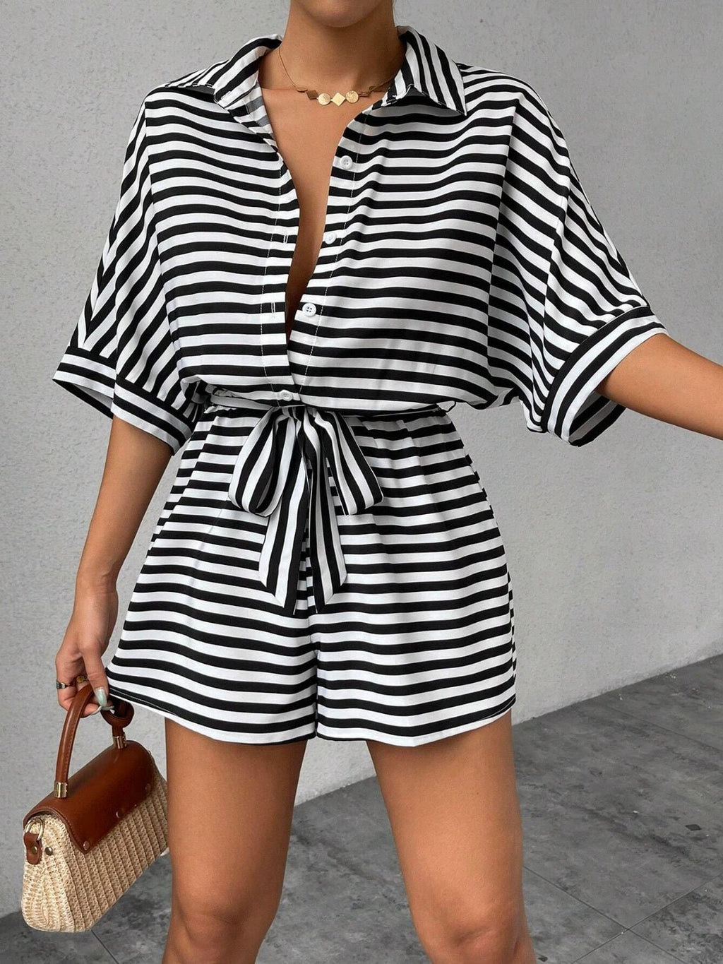 Tie Waist Half Button Striped Romper - ViarousViarousViarous