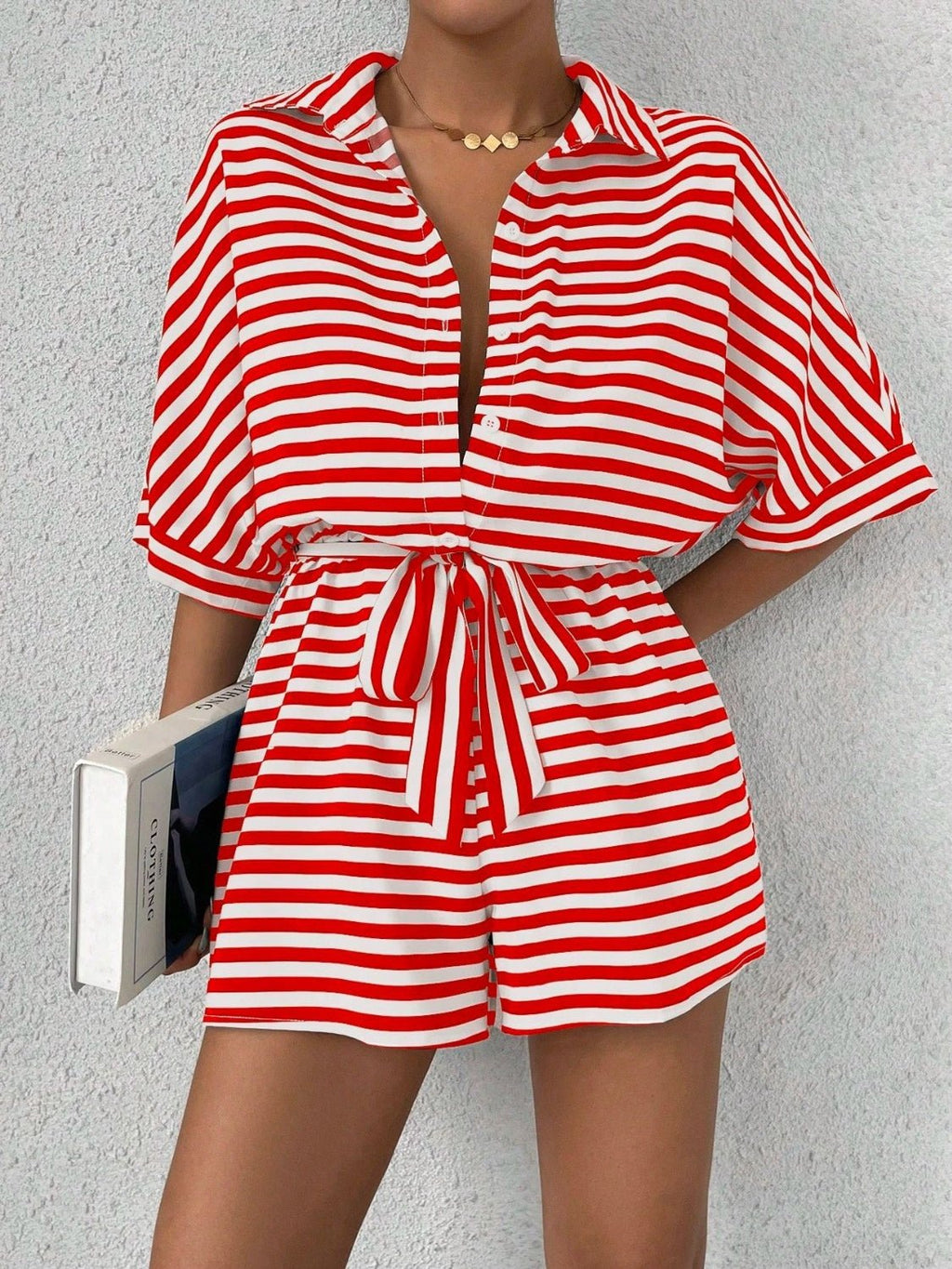 Tie Waist Half Button Striped Romper - ViarousViarousViarous