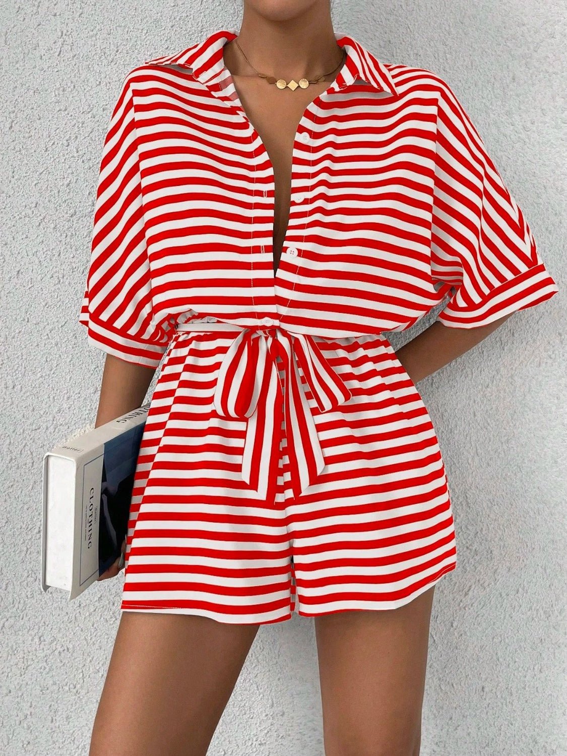 Tie Waist Half Button Striped Romper - ViarousViarousViarous