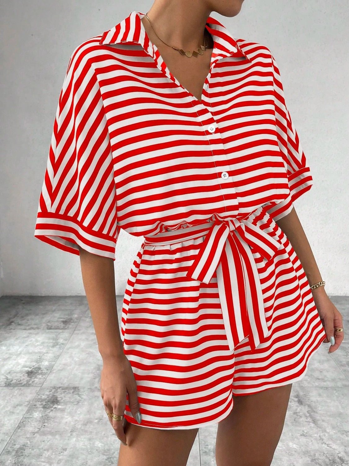 Tie Waist Half Button Striped Romper - ViarousViarousViarous