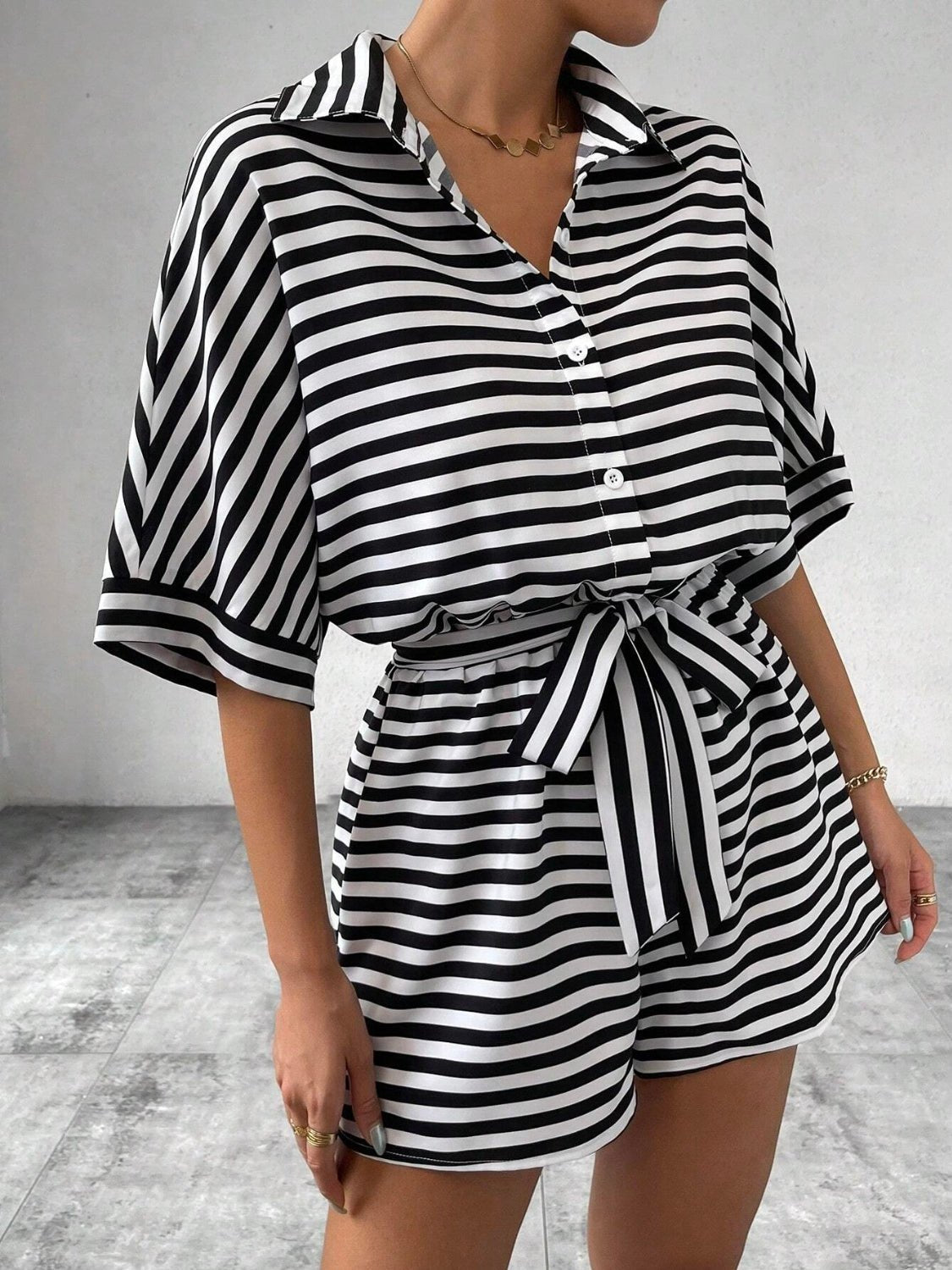 Tie Waist Half Button Striped Romper - ViarousViarousViarous