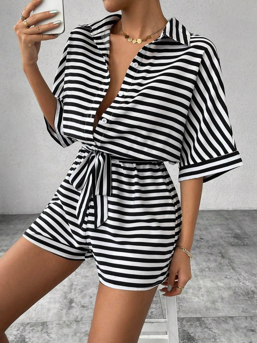 Tie Waist Half Button Striped Romper - ViarousViarousViarous